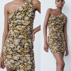 NWT Zara One Shoulder Floral Ruched Metallic Mini Dress BodyCon Small Party Club